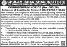 Extension of Deadline for Tender # GIKI/PD/FCD-1106/26 - Ghulam Ishaq Khan Institute of Engineering Sciences and Technology (GIKI), Deputy Director Procurement